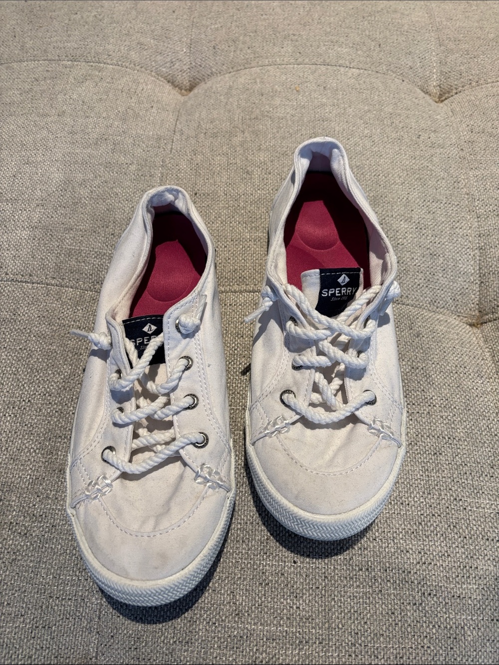Sperry White Canvas Lace-Up Sneakers with Pink Insoles